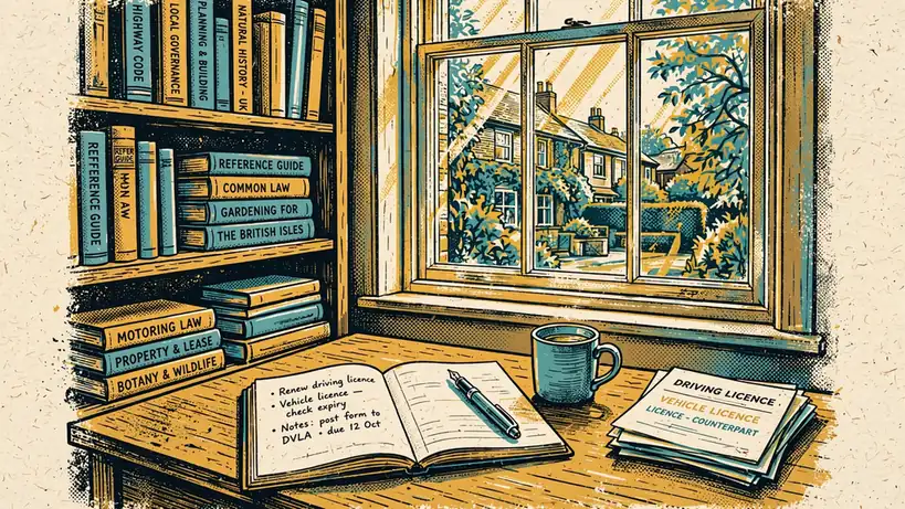 British study desk with notebook, tea mug, and licence documents in daylight