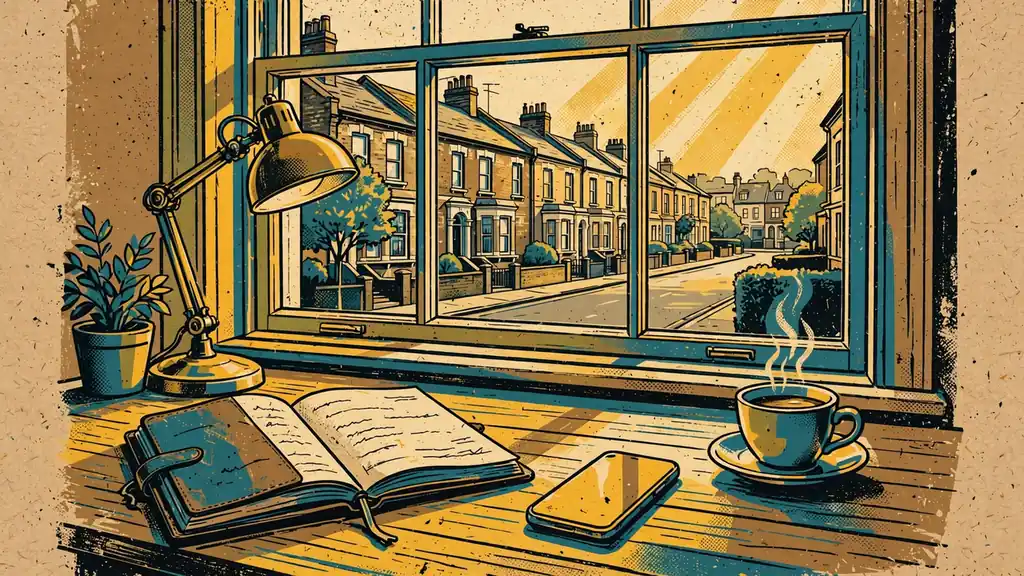 A cozy British home office desk with notebook, phone, and tea by a sash window.