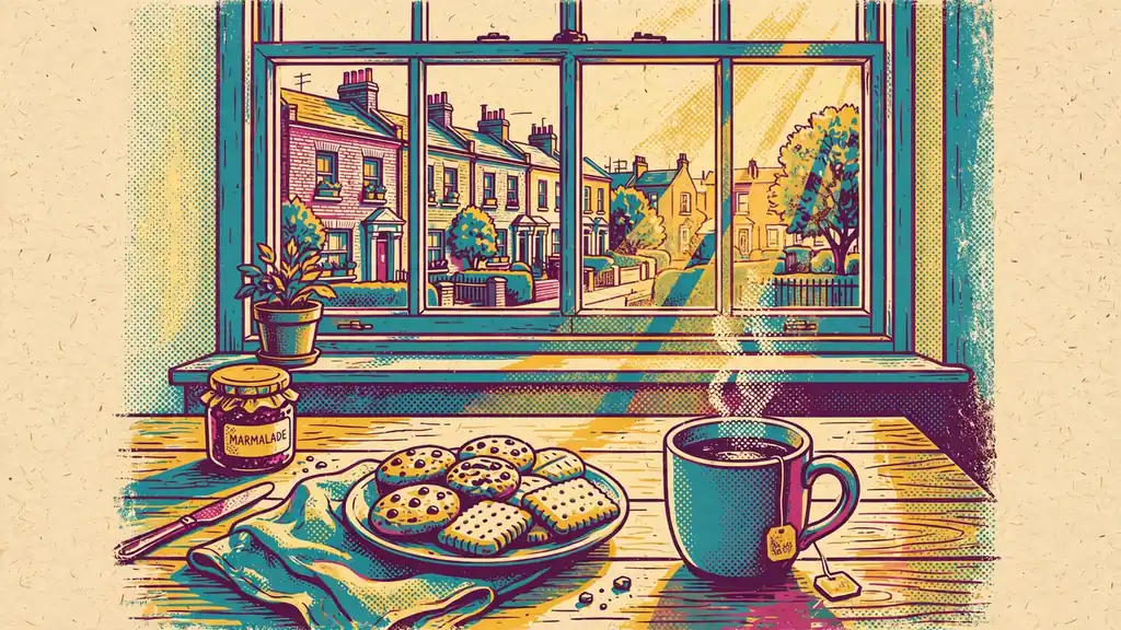 A plate of assorted cookies and a mug of tea on a wooden kitchen table in a British home.
