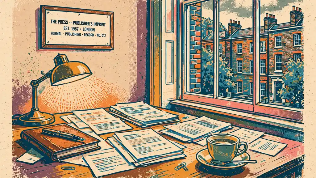 Editorial desk in a London office with printed pages, a fountain pen, a notebook, and warm lamp light by a sash window.