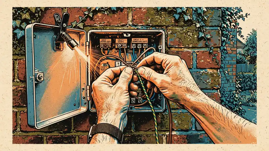 Hands repairing wiring inside an open fuse box on a brick wall.
