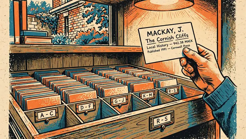 Open library catalogue drawer with index cards and a hand reading one card.