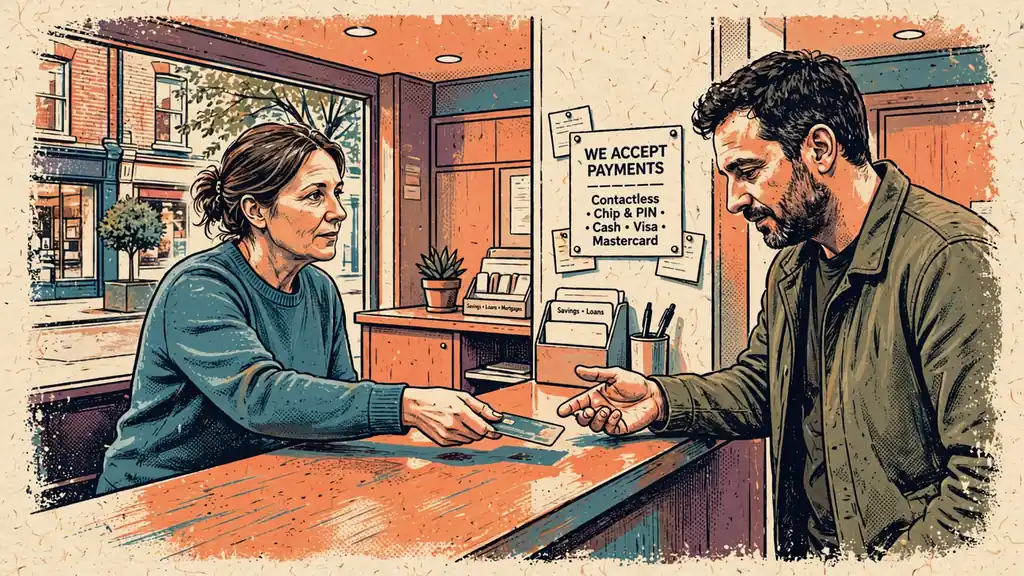 Bank teller returning a payment card to a customer across a counter.