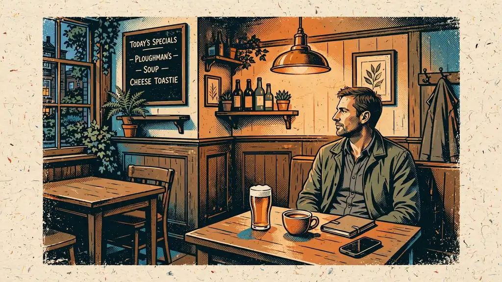 Man alone at a British pub table with a closed phone.