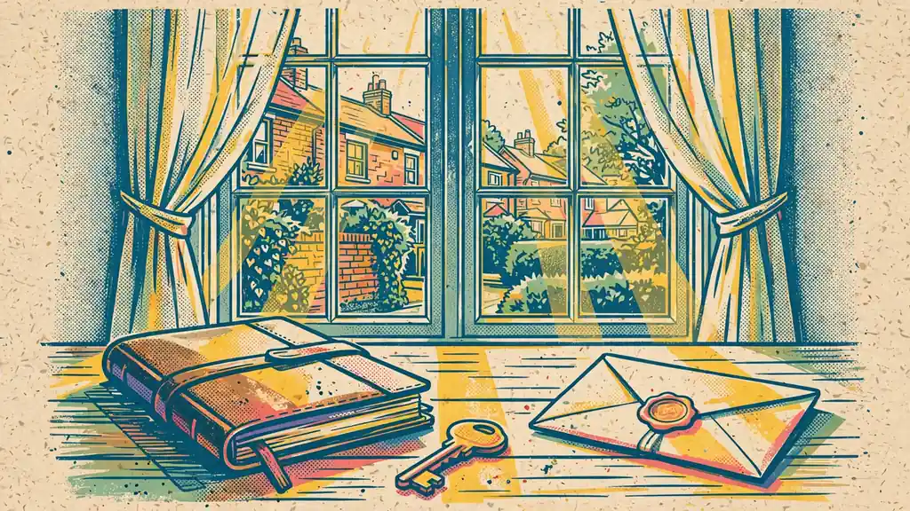 Closed notebook, brass key, and sealed letter on a wooden desk by a curtained window.